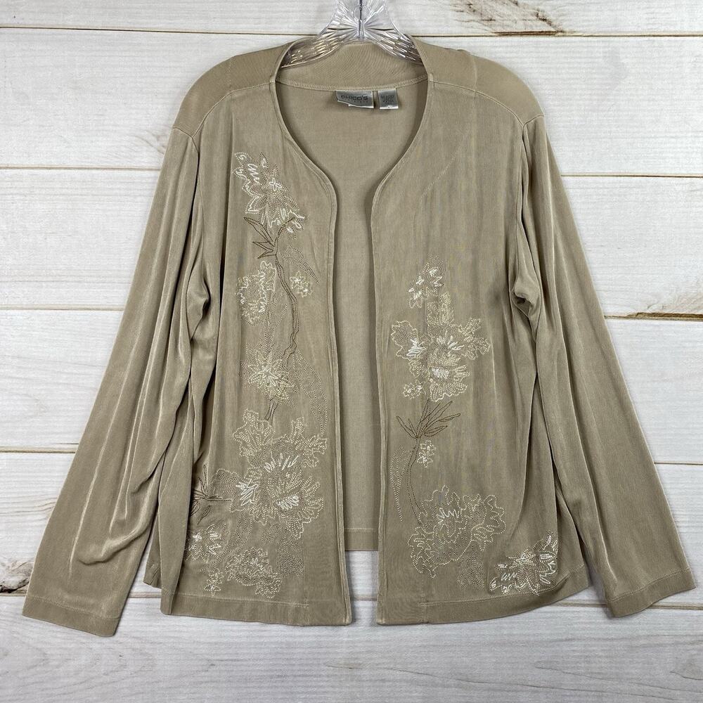 Chico’s Travelers Cardigan Sz 3 Womens XL Beige Embroidered Floral Slinky Jersey